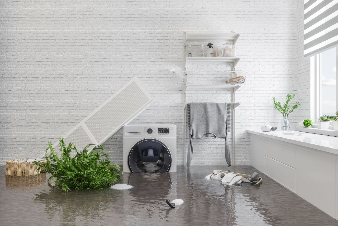 A flooded laundry room